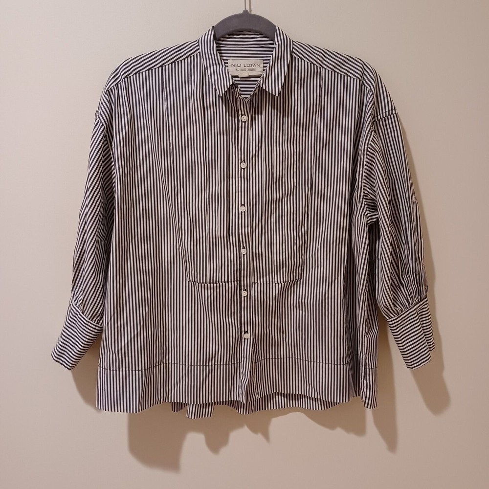 Nili Lotan 3/4 Sleeve Navy Blue Stripe Button Down Relaxed Boxy Fit Shirt XS - Picture 2 of 9